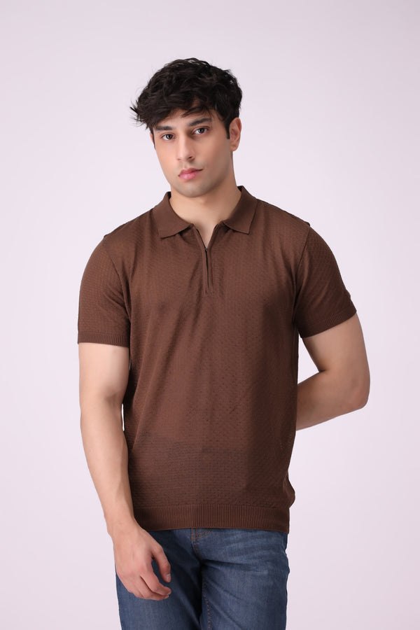 Brown Knitted Polo Shirt