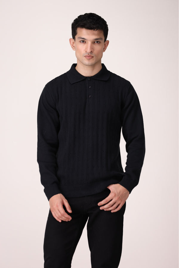 CABLE KNIT POLO SWEATER