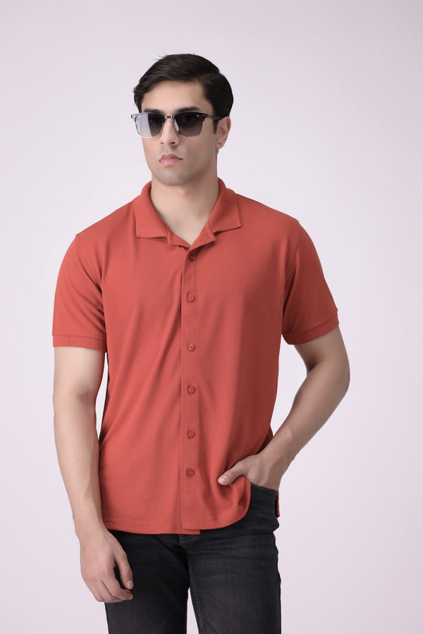 Rust Orange Half-Sleeve Button-Down Shirt