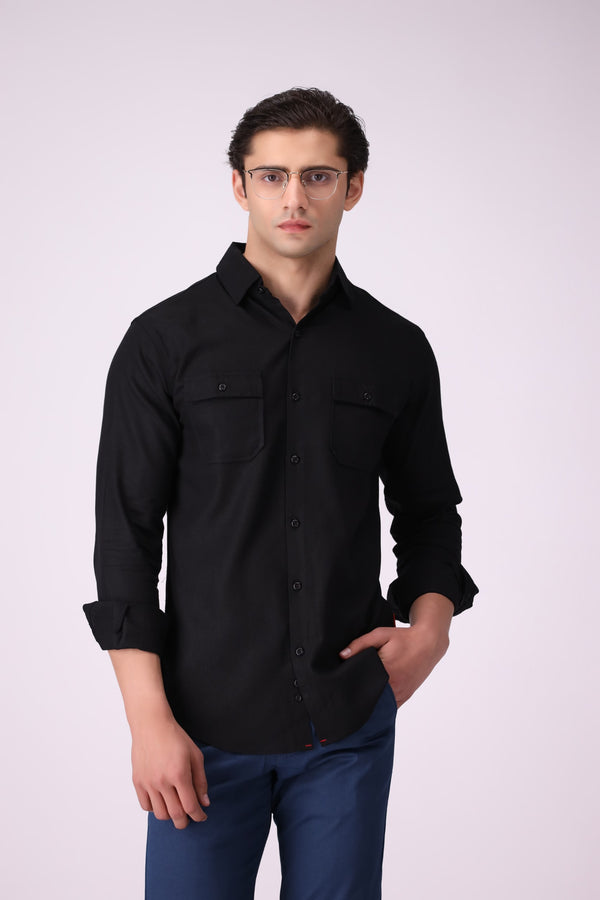 Solid Black Textured Casual Shirt