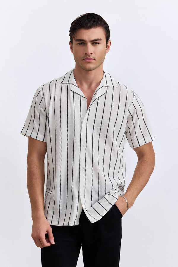 White Textured Camp Collar Shirt