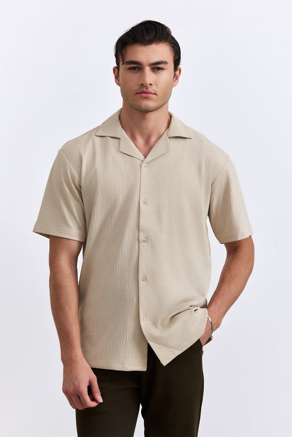 Beige Textured Camp Collar Shirt