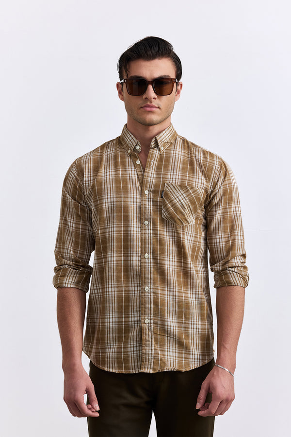 Camel Brown Checkered Button Down Shirt