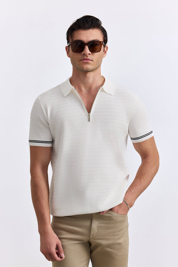 White Knitted Zipper Polo