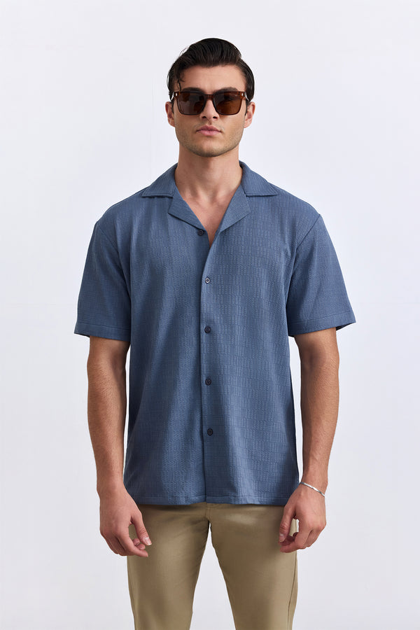 Blue Textured Camp Collar Shirt