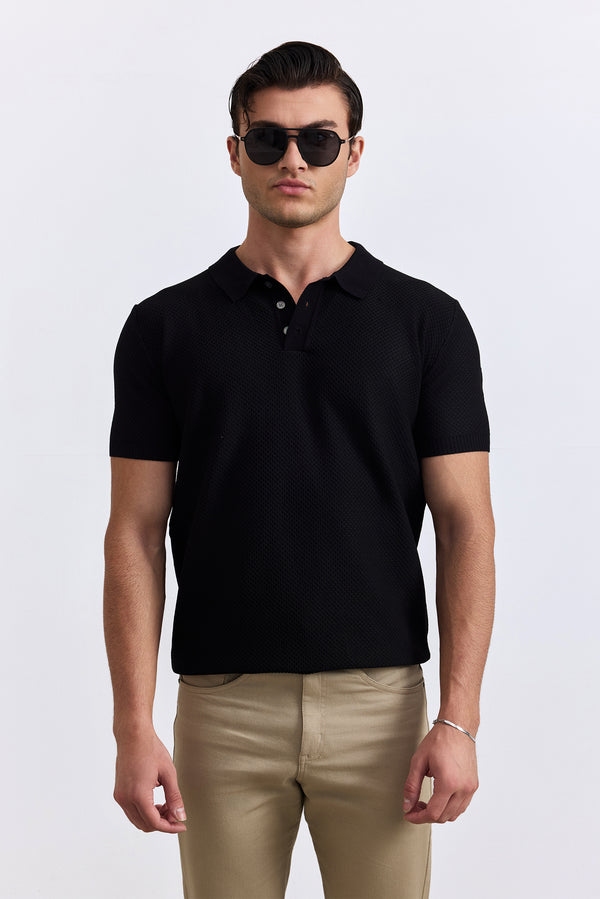 Solid Black Knitted Polo