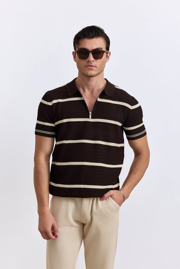 Coffee Knitted Zipper Polo