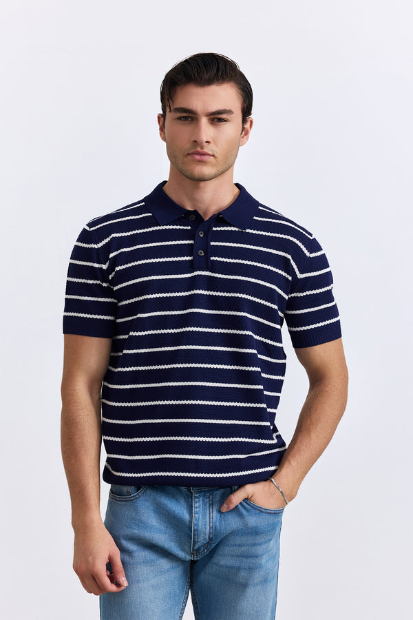 Navy Stripped Knitted Polo
