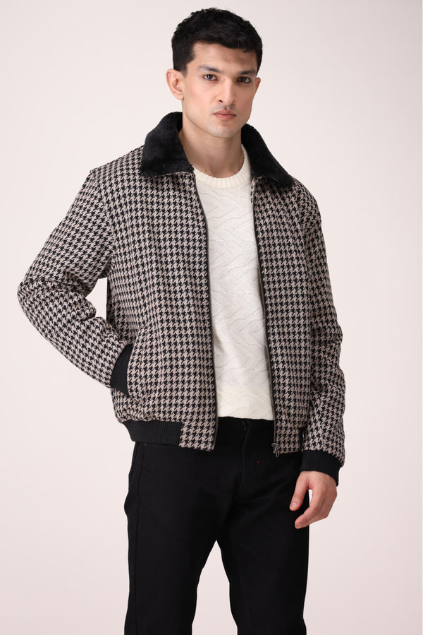 CHECK TRUCKER JACKET WITH FUR COLLAR