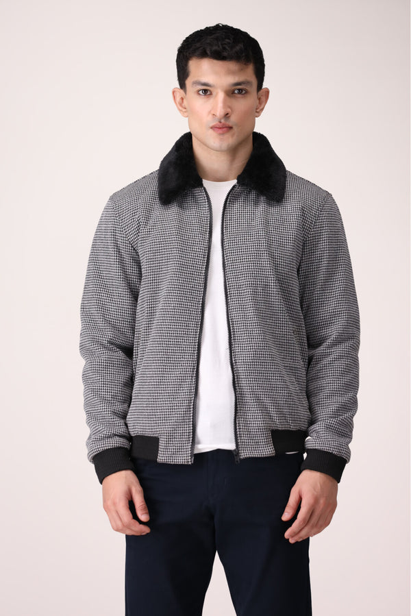 CHECK TRUCKER JACKET WITH FUR COLLAR