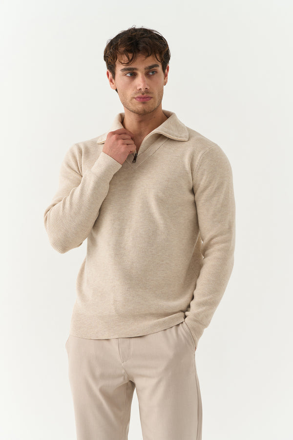 Beige V-Neck Half-Zip Sweater
