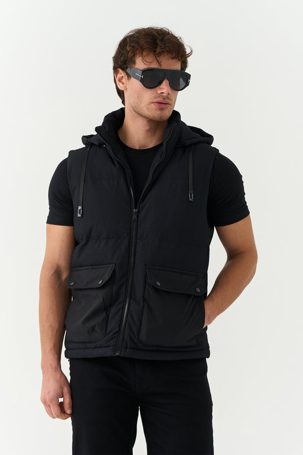 Black Sleeveless Hooded Jacket