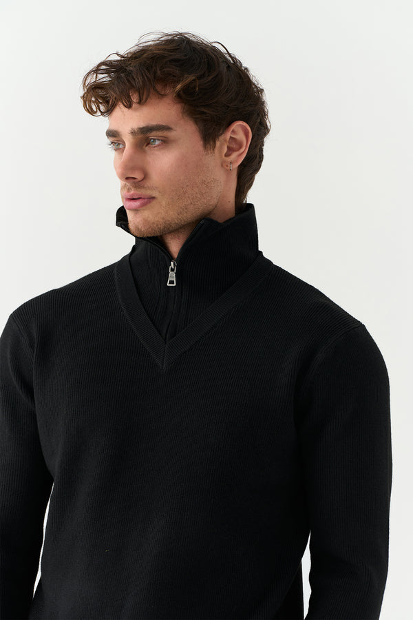 Black V-Neck Half-Zip Sweater