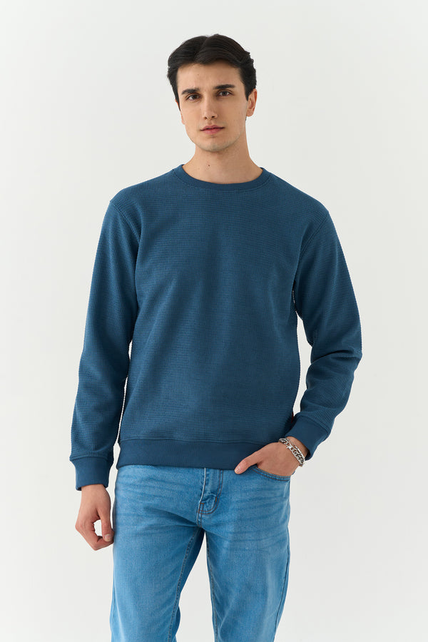 Blue Waffle Textured Sweatshirt