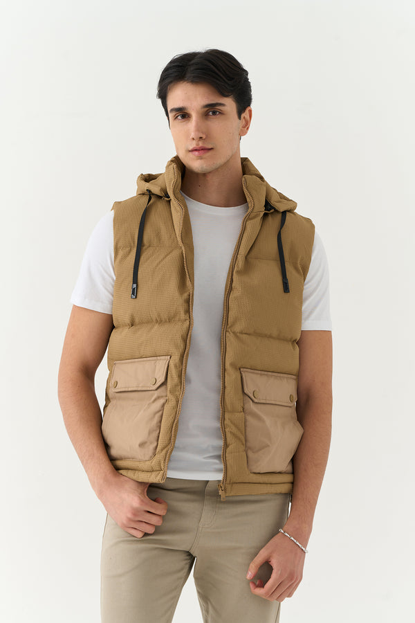Khakki Sleeveless Hooded Jacket