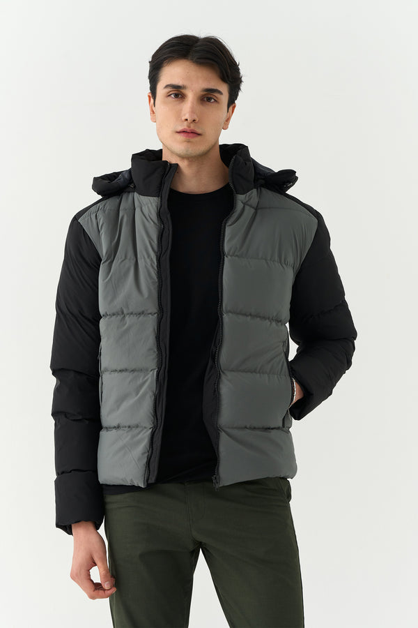 Black-Grey Hoodied Puffer Jacket