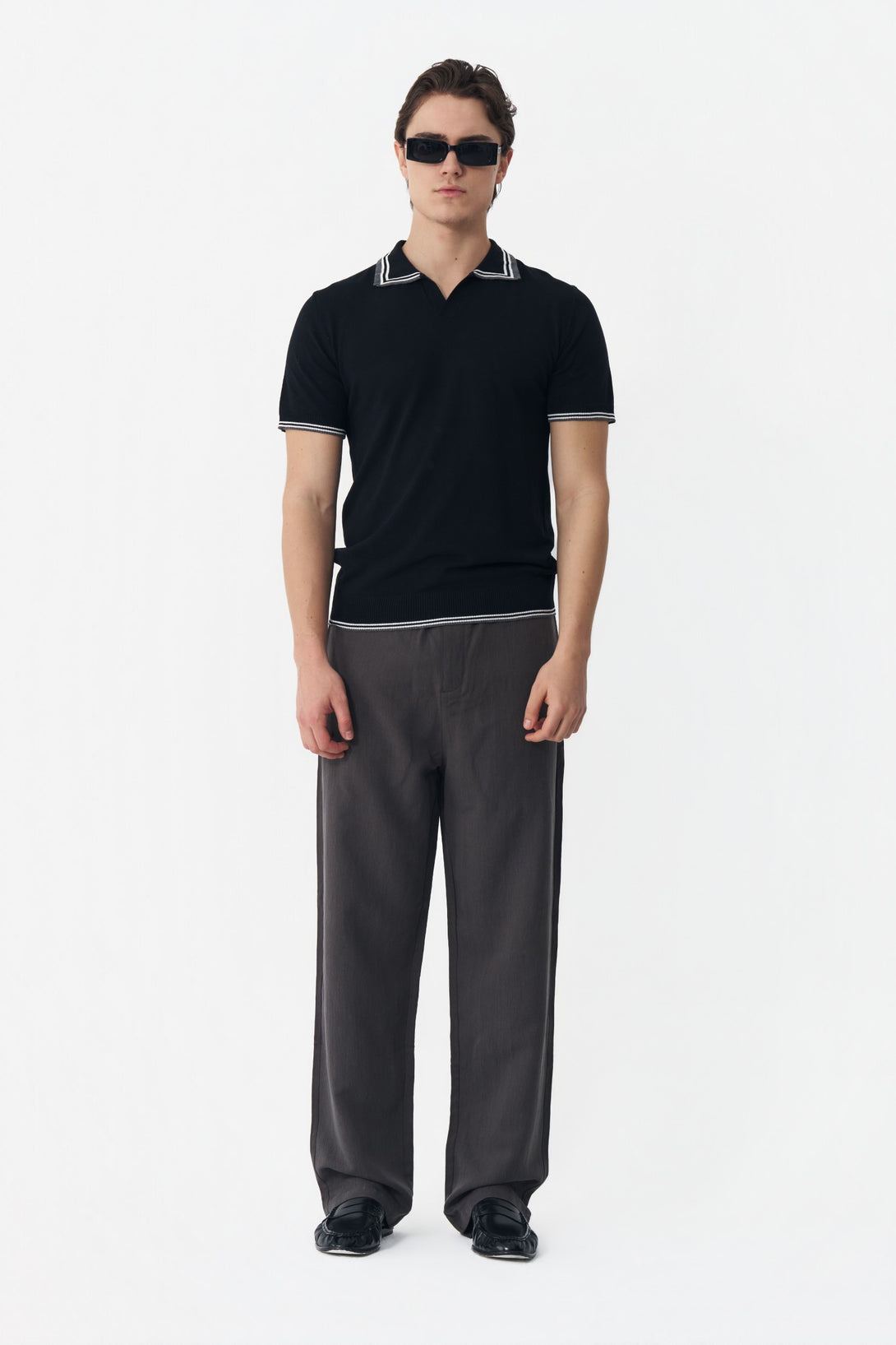 BLACK KNITTED JOHNNY POLO – Monark Clothing