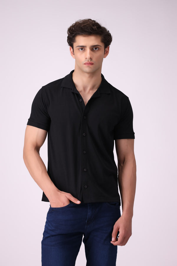 Black Half-Sleeve Button-Down Shirt