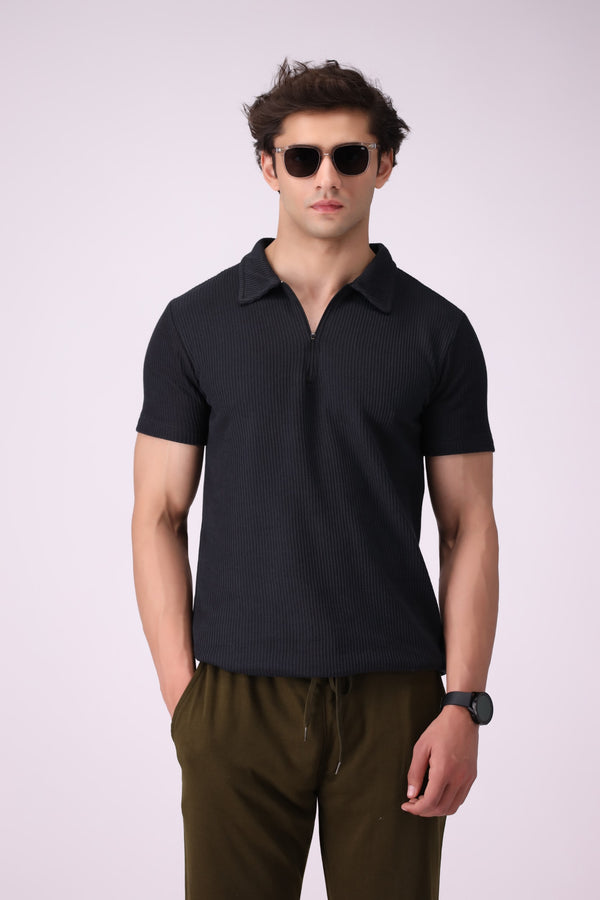 SunZip Textured Black Polo Shirt